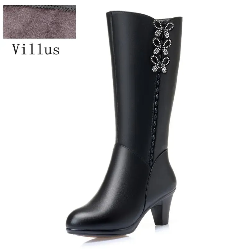 Women High Boots Shiny Genuine Leather Wool Plush