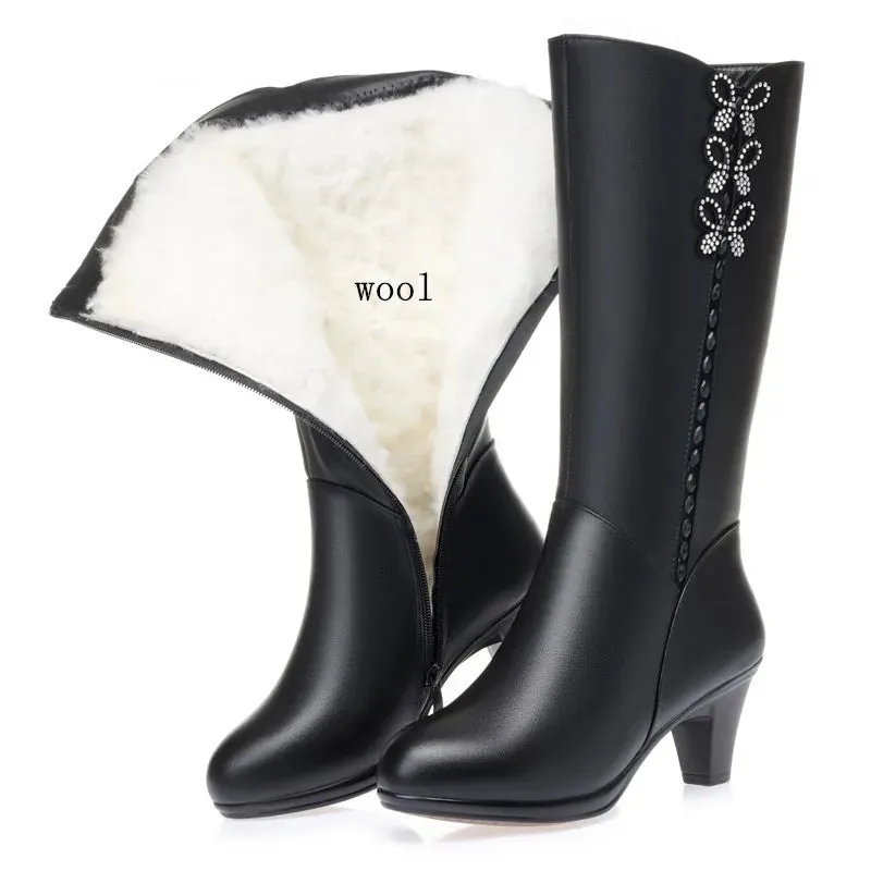 Women High Boots Shiny Genuine Leather Wool Plush